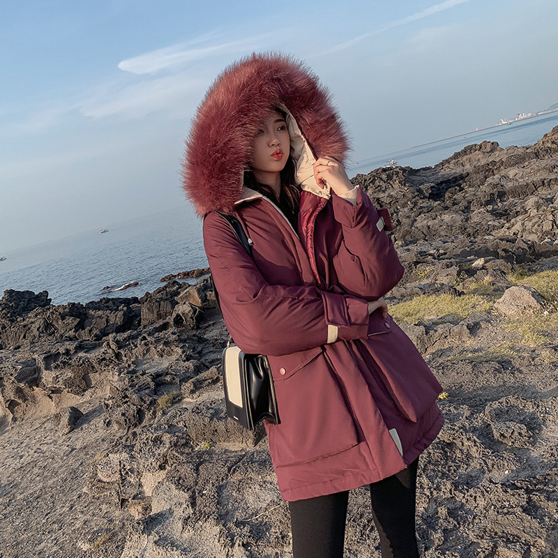 【秀衣记】2019冬装新款棉服女韩版纯色大毛领加厚宽松休闲羽绒棉大口袋棉衣 M 深红色