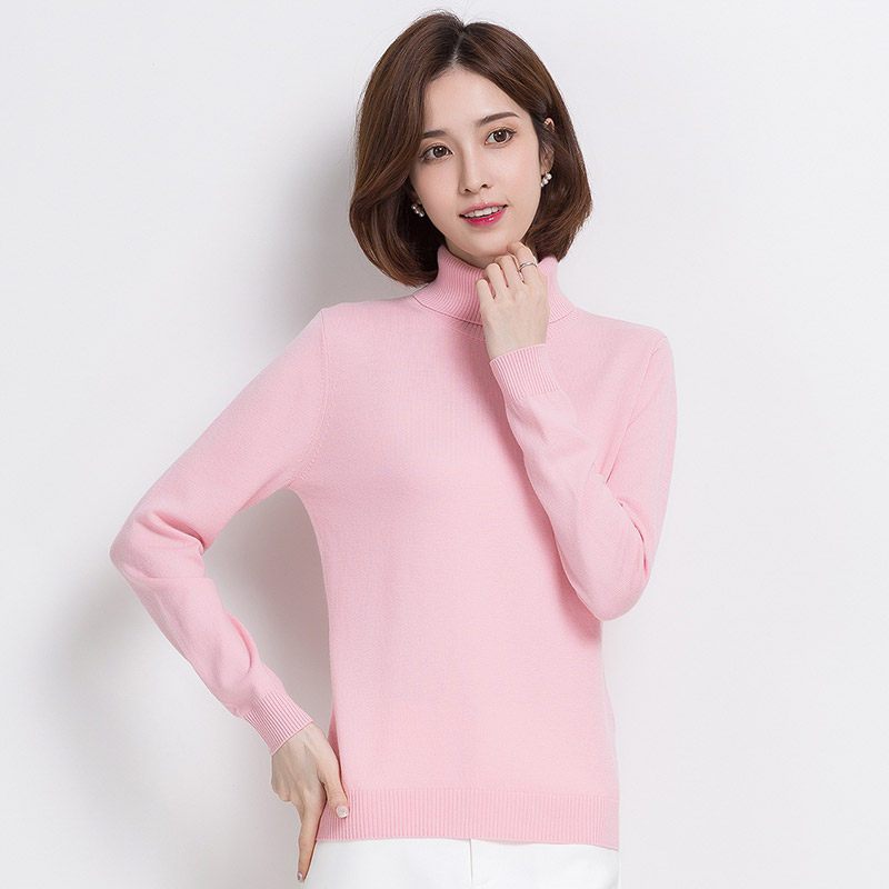 恒源祥羊毛衫女高领套头针织衫2019秋冬新款双翻领修身打底毛衣女_834 115/180/2XL 23WHG019粉色