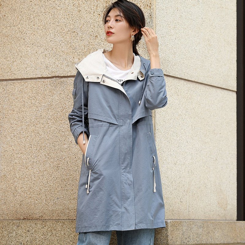 恒源祥连帽宽松风衣女秋2019新款工装风休闲外套内外撞色长袖大衣_1 170/XL 兰色