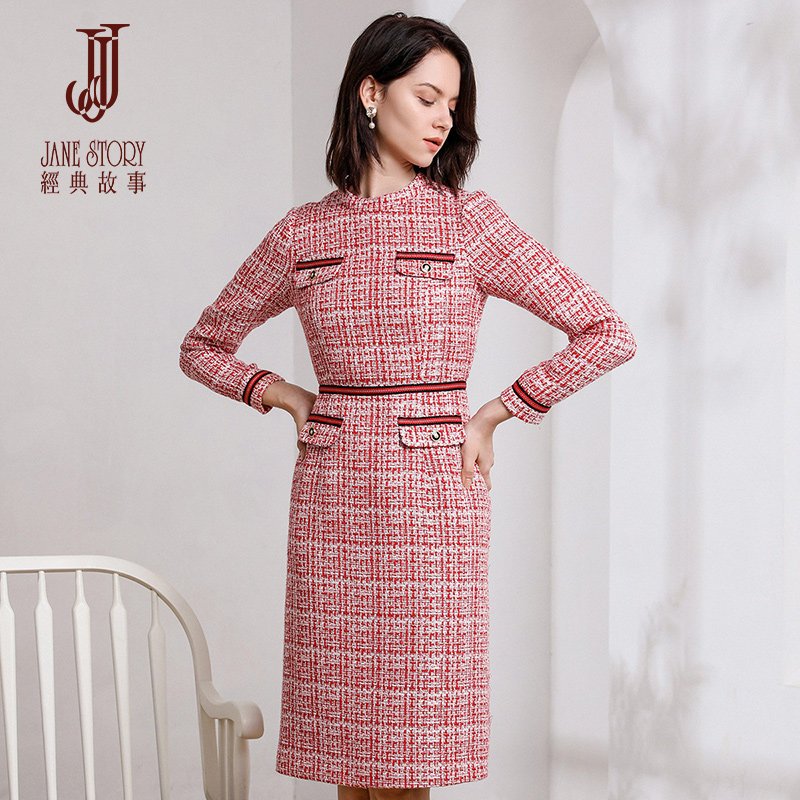 经典故事2019新款连衣裙女秋冬法式格纹复古裙子女装 165/88A/L C73红白色