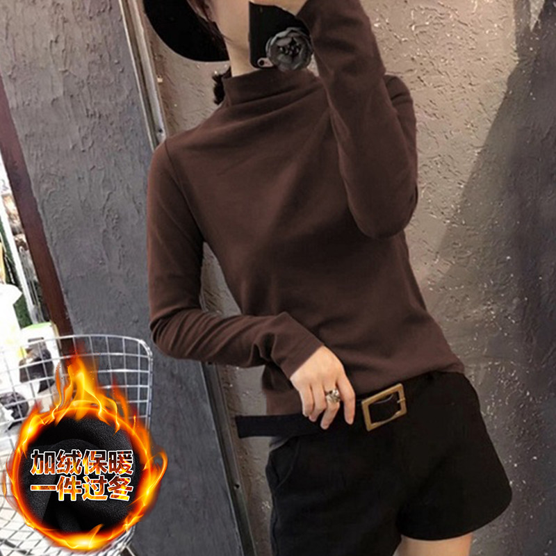 2019韩版新款半高领打底衫加绒长袖女装t恤洋气秋冬内搭修身上衣潮 咖啡色（加绒加厚） 3XL