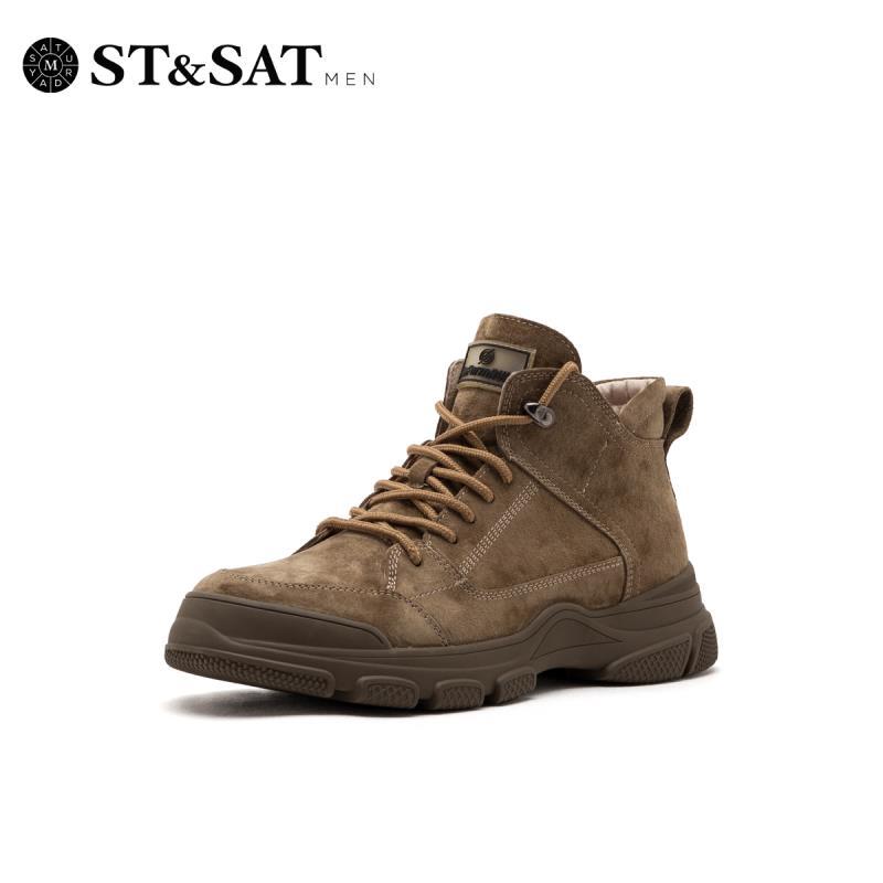 星期六(ST&SAT)靴子2019冬季新款圆头系带休闲工装靴男SS94126606 84卡其灰 39码