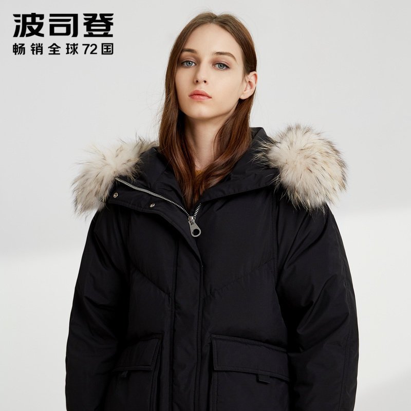 波司登女羽绒服长款2019新款时尚毛领冬季保暖外套_1 155/80A 黑色8056