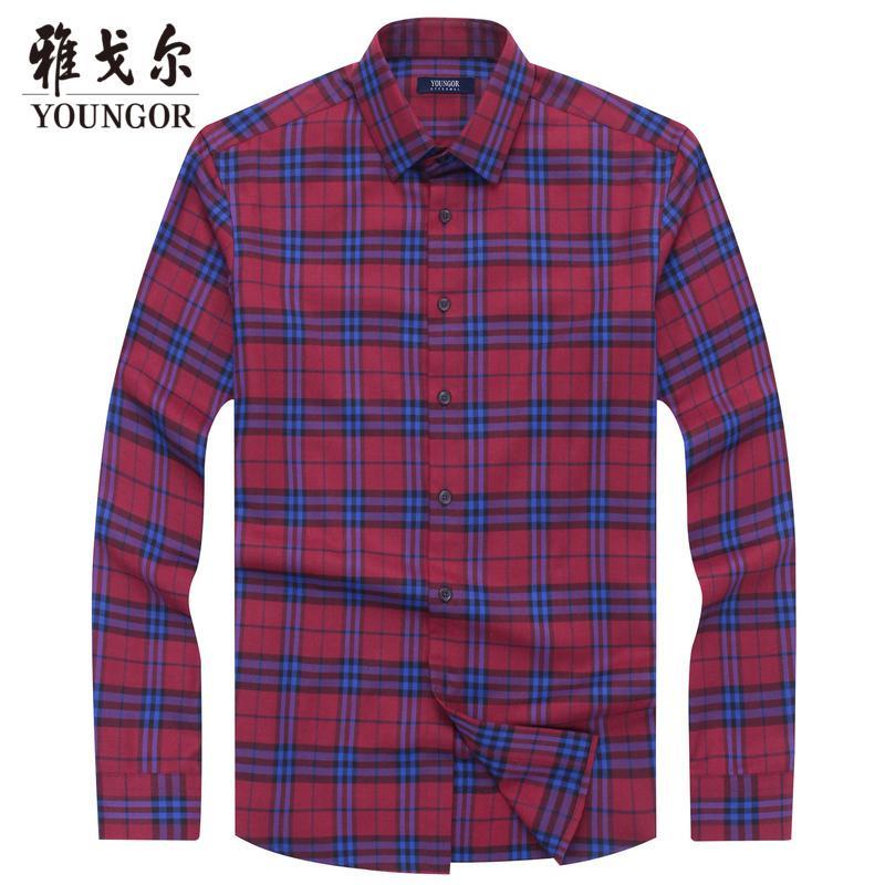 Youngor/雅戈尔衬衫磨毛衬衫2019冬季格纹长袖衬衫男修身男衬衣商务休闲红色 默认颜色 42