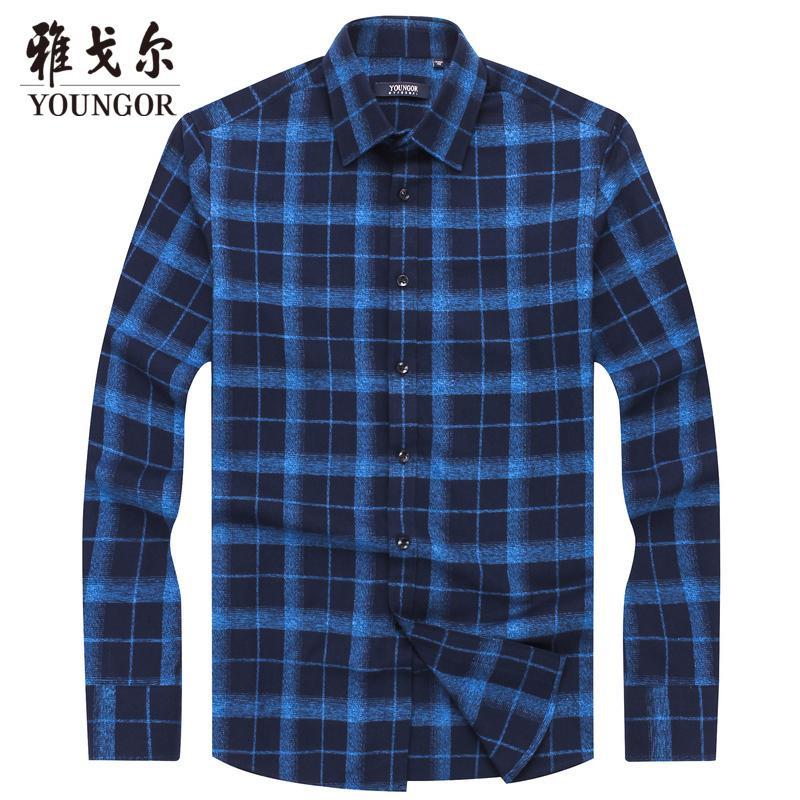 Youngor/雅戈尔衬衫磨毛衬衫2019秋季格纹长袖衬衫男修身男衬衣商务休闲蓝 42 默认颜色