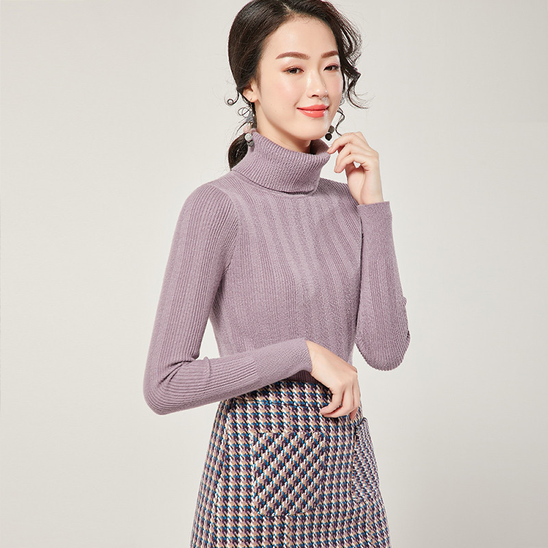 欧昵雪秋冬高领坑纹修身打底衫毛衣女套头长袖显瘦针织衫 L 灰紫色