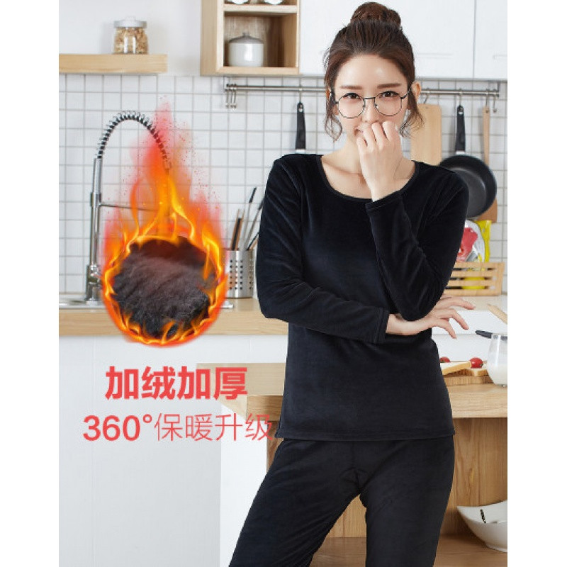 时尚舒适弹力加绒加厚秋衣秋裤女士保暖内衣套装 L 黑色