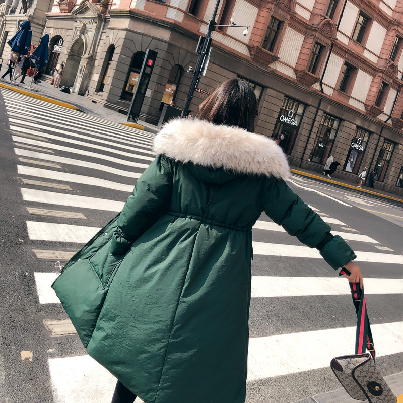 【秀衣记】连帽羽绒棉服女中长款2019冬新款韩版时尚简约大口袋棉袄棉衣 黑色配驼色毛领 L