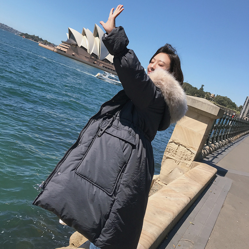 【秀衣记】连帽羽绒棉服女中长款2019冬新款韩版时尚简约大口袋棉袄棉衣 深灰色配驼色毛 XL