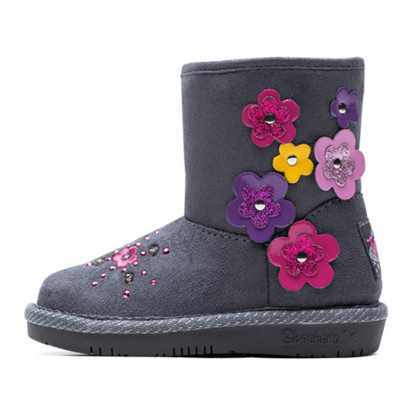 Skechers斯凯奇女童鞋 加厚保暖雪地靴 闪灯防滑拉链保暖冬靴子10527N 炭灰色 26.5码