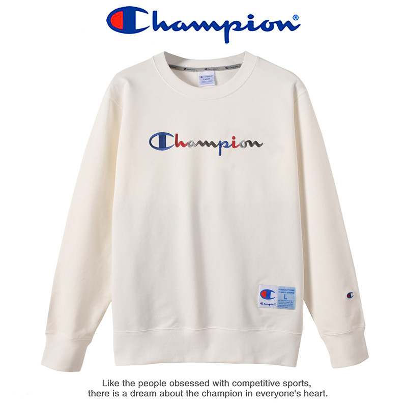 Champion 冠军运动卫衣圆领男女士彩虹刺绣LOGO情侣秋冬季加绒休闲宽松帽衫 9077 9047白色（不加绒） M