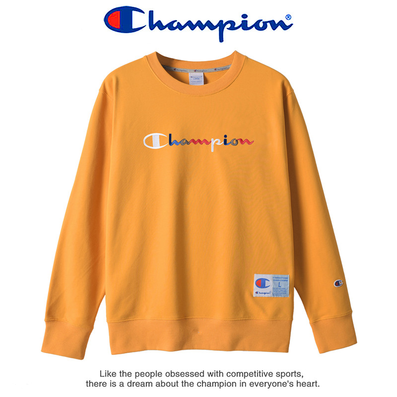 Champion 冠军运动卫衣圆领男女士彩虹刺绣LOGO情侣秋冬季加绒休闲宽松帽衫 9077 9047姜黄（不加绒） M