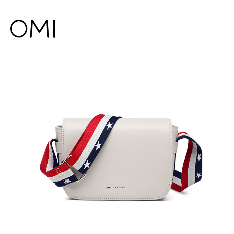 OMI小包包女2019冬季新款英伦百搭斜挎女包宽肩带时尚洋气单肩包 米白色