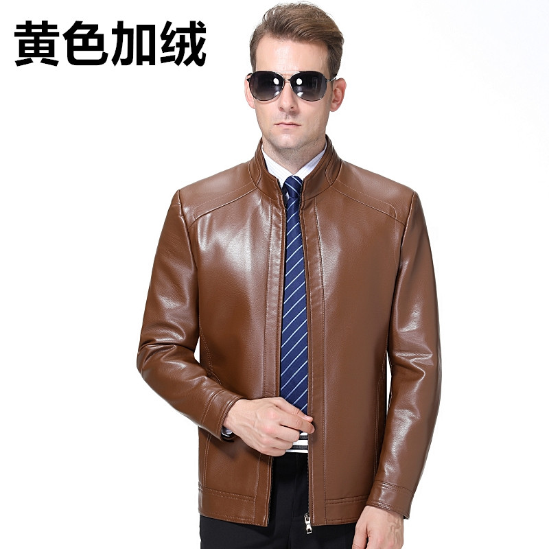 正品男装皮衣男士立领短款真皮机车夹克海宁绵羊皮韩版修身机车皮衣男官方旗舰店特卖正品 1655黄色立领加绒 190/100A