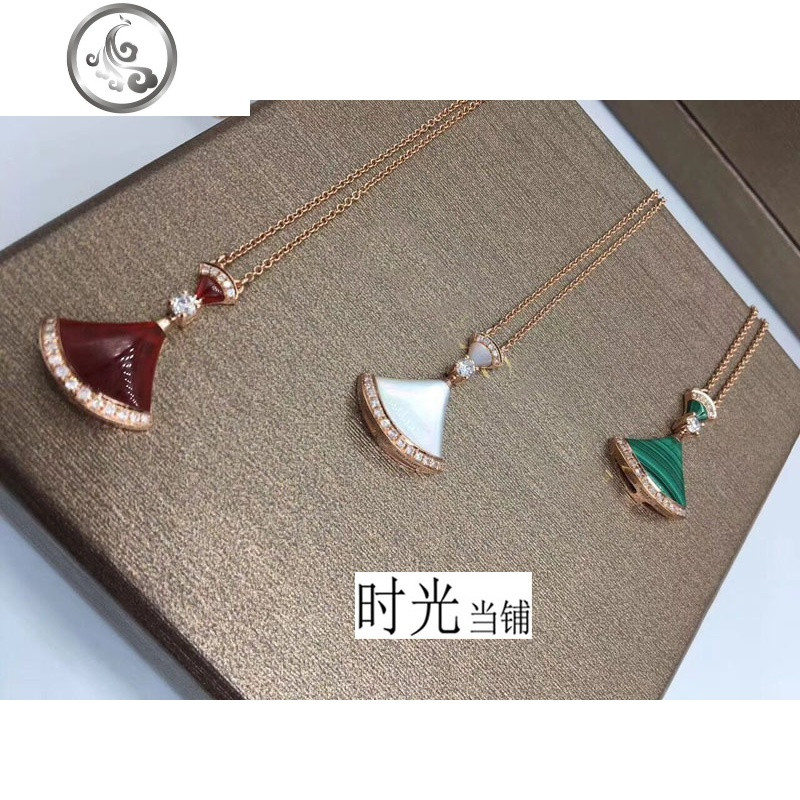 S925纯银镶宝石扇形小裙子项链白贝母红玉髓带钻裙子小舞裙女吊坠_2 红玛瑙裙边镶钻玫瑰金色