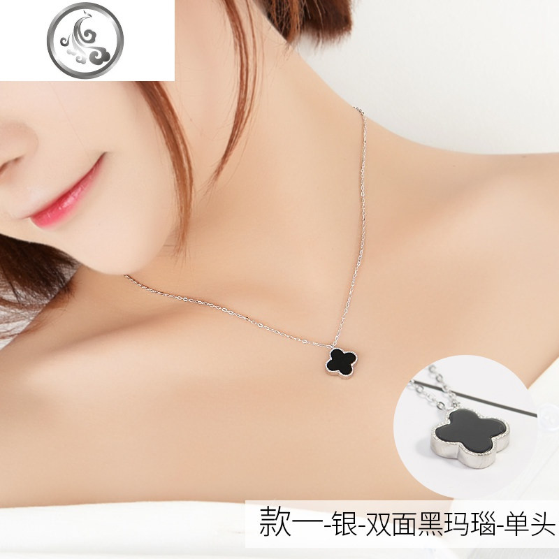 925纯银项链女潮小众吊坠玫瑰金锁骨链日韩网红幸运森系颈链子_1 款一-银-双面黑玛瑙-单头