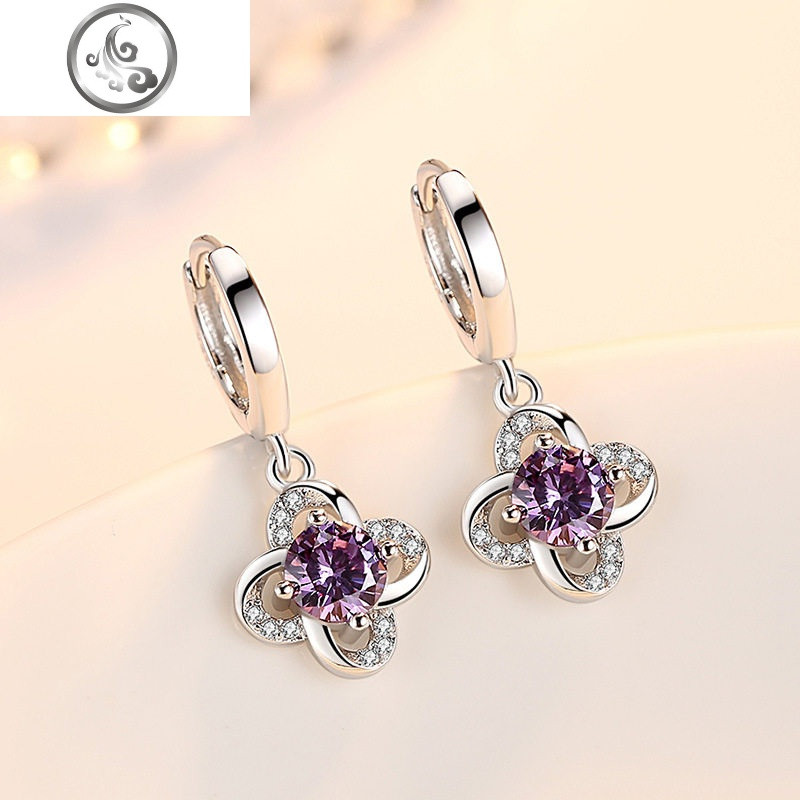 2019新款潮纯银针长款耳环女韩国气质个性耳钩耳扣耳线耳坠 E166恋爱紫钻耳环