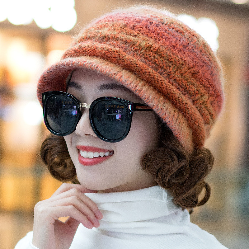 毛线帽子女冬天韩版手工编织加厚保暖鸭舌帽加绒针织帽中年妈妈帽 均码有弹力_桔色