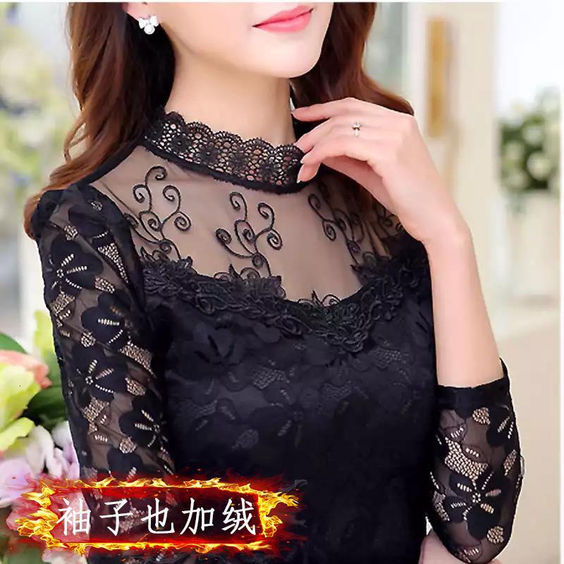 长袖蕾丝上衣韩版新款女士加绒打底衫网纱T恤大码女装胖mm蕾丝衫_958 M 黑色加绒