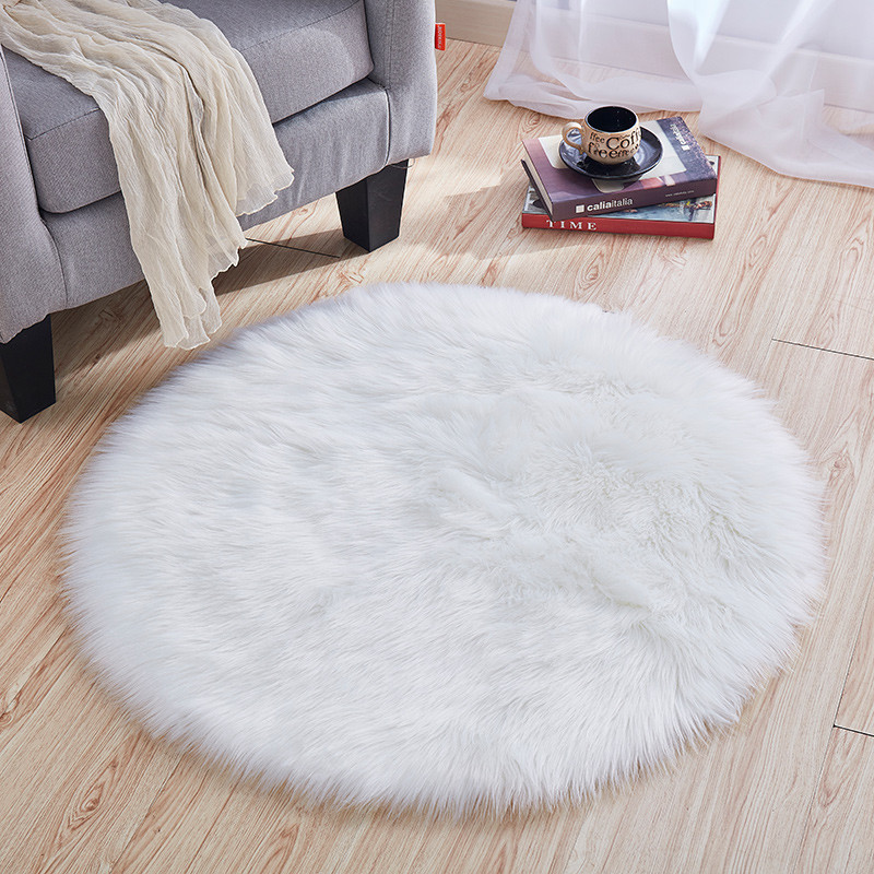 仿羊毛白色圆形地垫电脑椅梳妆台卧室床边长毛装饰拍照毛毛地毯_1 直径80厘米 白色