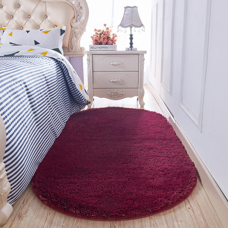北欧椭圆形床边小地毯公主房卧室满铺床前脚垫长毛绒装饰地垫_1 定制 酒红色长毛