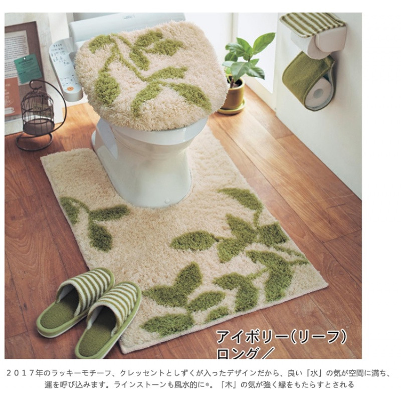 田园小清新地垫浴室口吸水地垫卫生间加厚吸水脚垫地毯_5 提示：不同尺寸图案细节略不同 米底绿叶－马桶盖套+U形脚垫两件套－米底绿叶