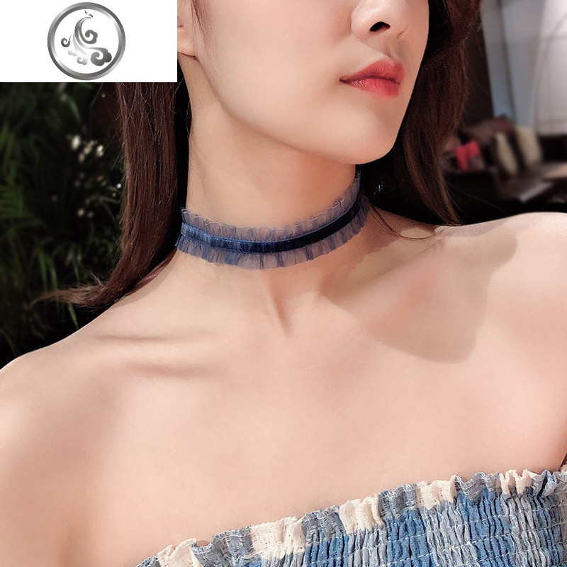 网红小众锁骨链项圈短款项链女潮颈带珍珠蝴蝶结颈链脖子饰品颈带_1 8#藏青网纱