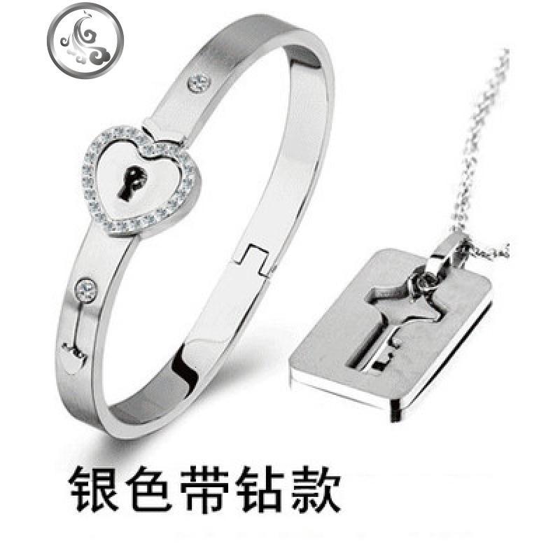 同心锁情侣手链一对可刻字学生创意复古爱手镯男女互锁环带钥匙_1_788 A款一对带钻（刻字留言）