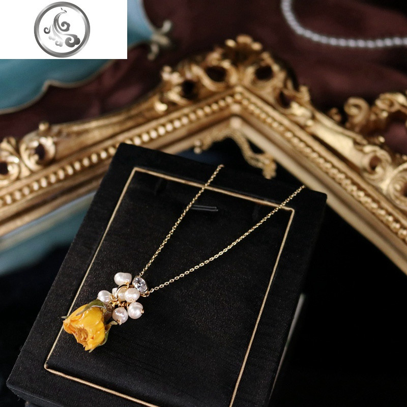 挂坠女配饰项链百搭简约永生花真花玫瑰花短款锁骨链脖链饰品_1 黄色