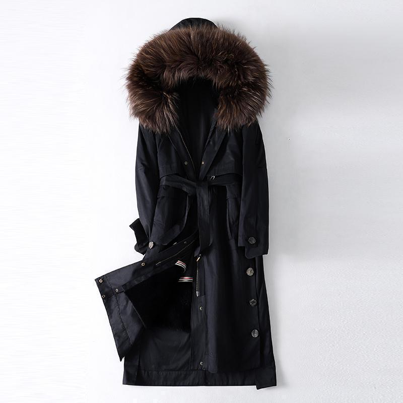 2019冬季新款貉子毛连帽派克服大衣女士兔毛内胆皮外套_1 L 混色黑