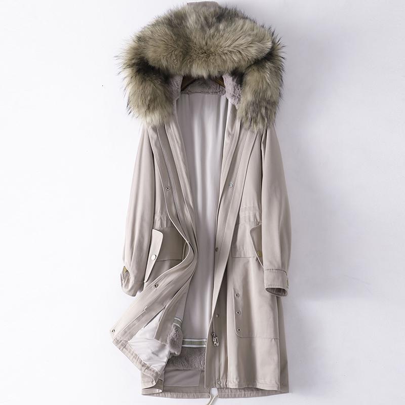 2019秋冬兔毛内胆派克服大衣女士貉子毛领连帽皮外套 XL 龚米灰貉