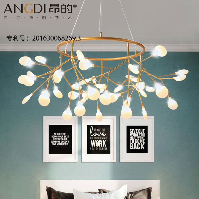 七只蚂蚁 北欧吊灯网红萤火虫灯后现代店铺灯简约艺术灯创意个性LED客厅灯卧室餐厅樱花灯具抖音房间灯花形树精品吊灯卧室其他 金色圆环款72头