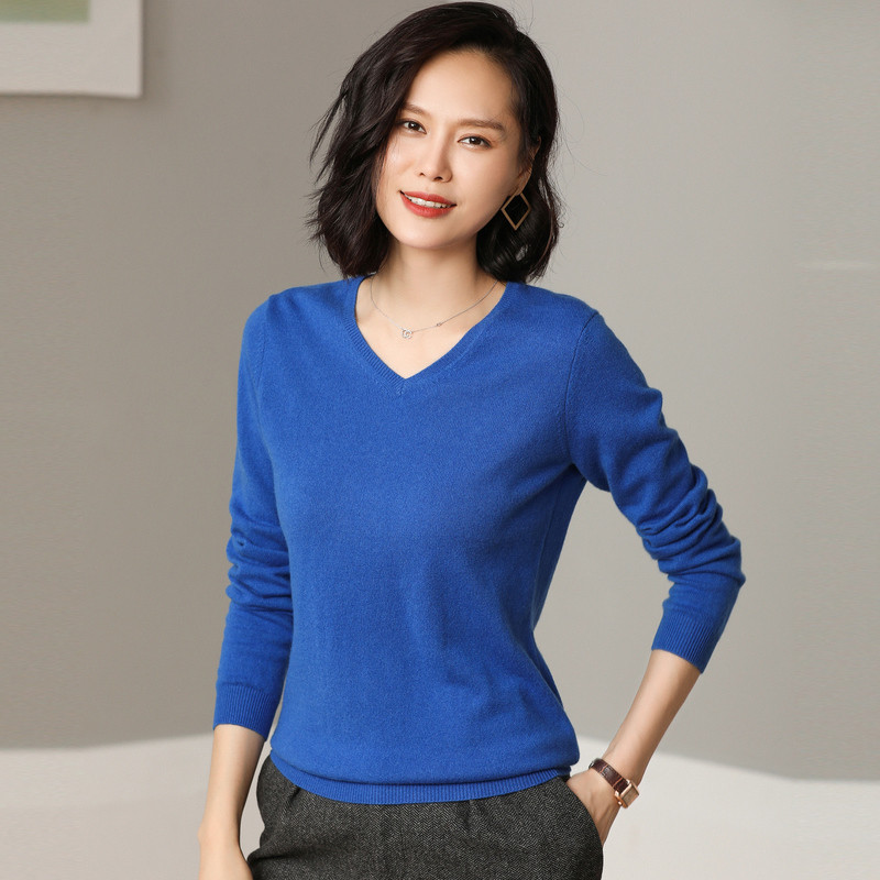 恒源祥全山羊绒衫女V领2019秋冬新款长袖针织衫套头纯色打底毛衣_4 170/92A 宝兰