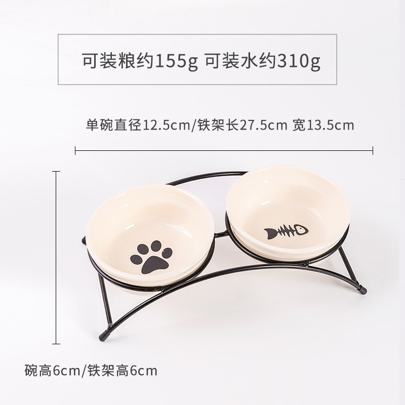 宠物猫碗狗碗狗盆猫食盆猫咪狗狗用品狗食盆陶瓷双碗饭盆多省_6_874 陶瓷碗（小型犬和猫咪可用） 双碗支架猫碗-白边