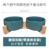猫碗双碗陶瓷狗碗猫咪食盆饭盆狗狗喝水猫粮碗宠物用品实木防打翻_2 碗直径15.5cm碗深6.8cm 黛绿色双碗+竹木底座不同色组合请备注