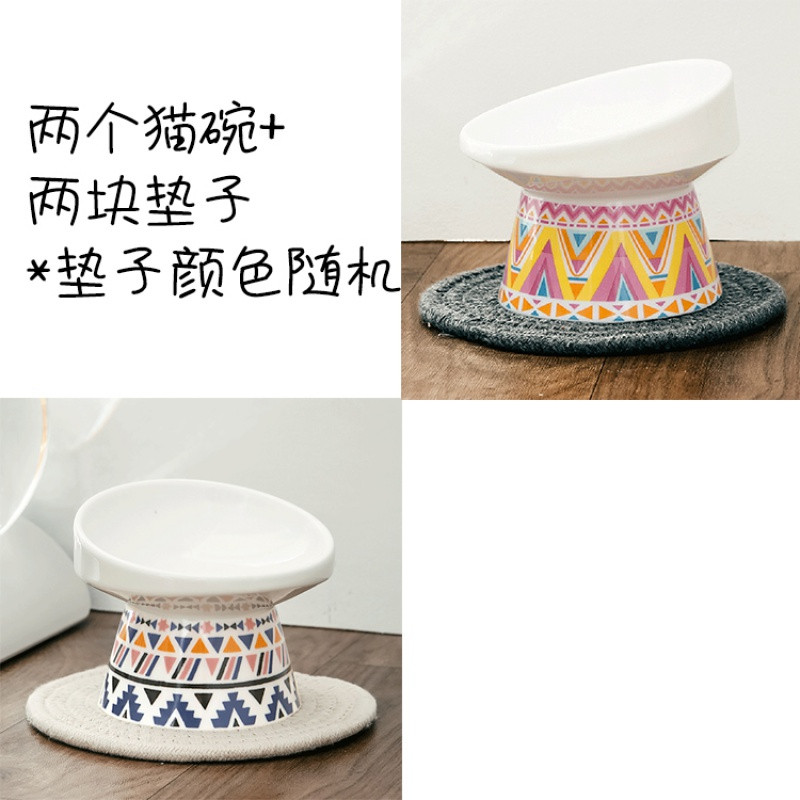 保护颈椎斜口高脚猫碗陶瓷猫粮碗猫咪食盆饭盆宠物用品单碗 加大码 蓝+黄(含两块垫）