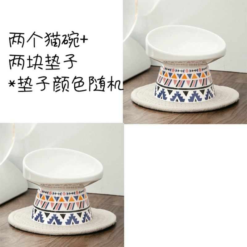 保护颈椎斜口高脚猫碗陶瓷猫粮碗猫咪食盆饭盆宠物用品单碗 加大码 蓝+蓝(含两块垫）