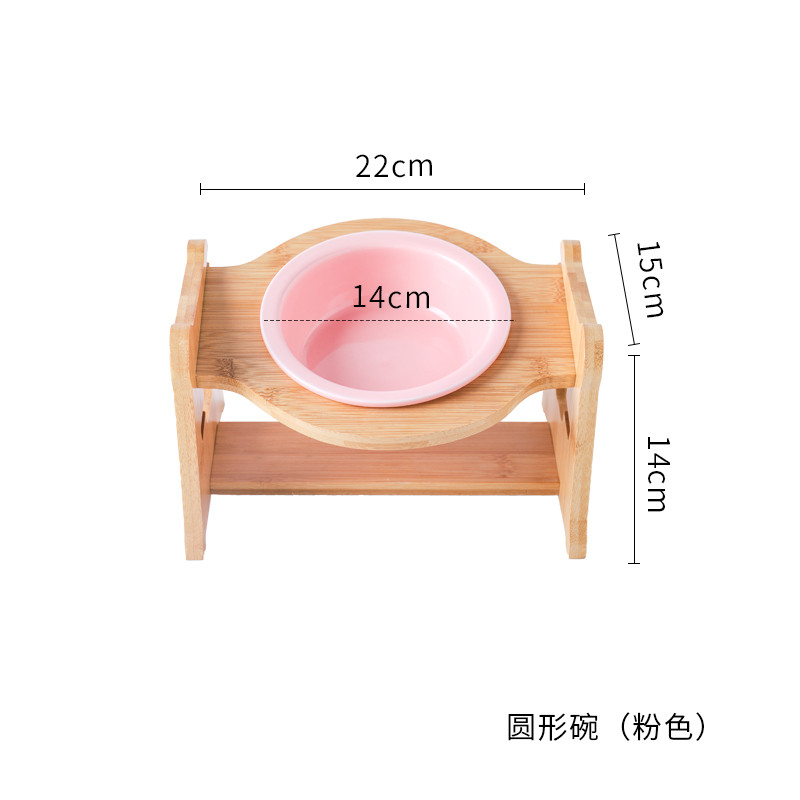 猫碗宠物用品碗陶瓷双碗食盆防打翻木架护颈吃饭喝水斜口碗猫咪碗_1 高度调节大小通用 单圆碗+木架+纯粉色