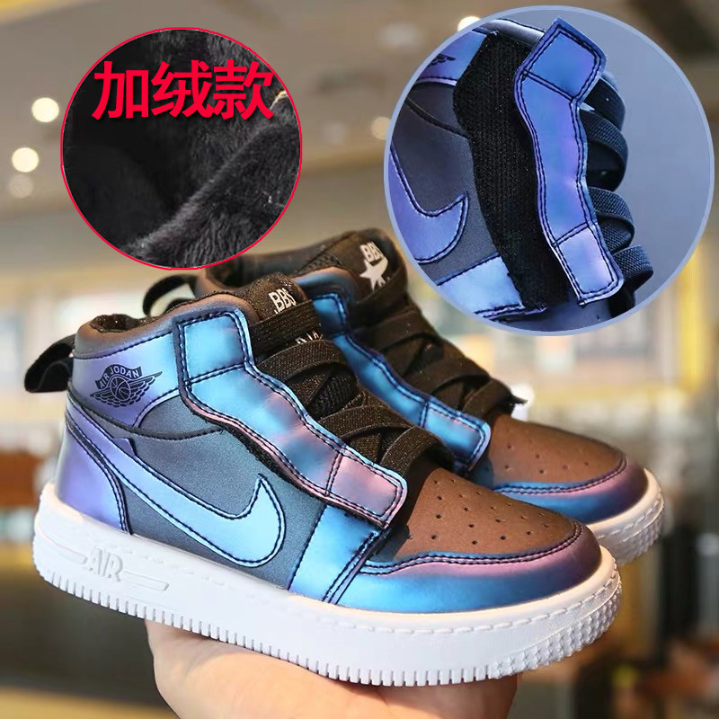 DILIKAN新品aj1莆田同款鞋空军一号渐变女童鞋子2019秋冬加绒儿童板鞋二棉鞋男童高 渐变蓝加绒款 33内长20.7厘米
