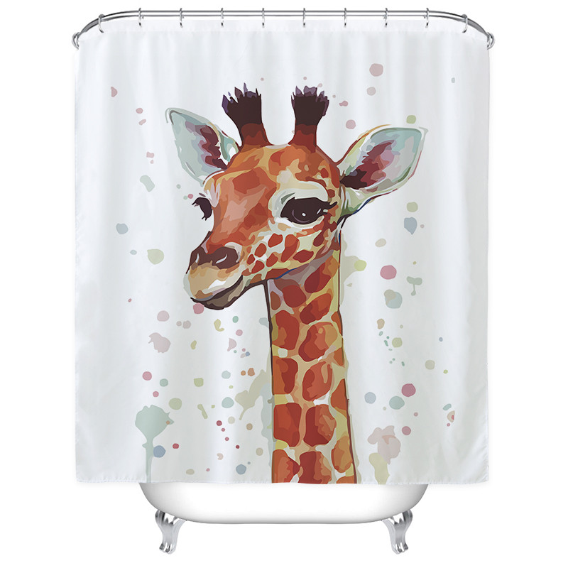北欧个性大象浴帘防水卫生间洗澡间隔断布洗澡淋浴房挂帘套装弧形_2 默认尺寸 呆萌长颈鹿浴帘150宽*高180cm