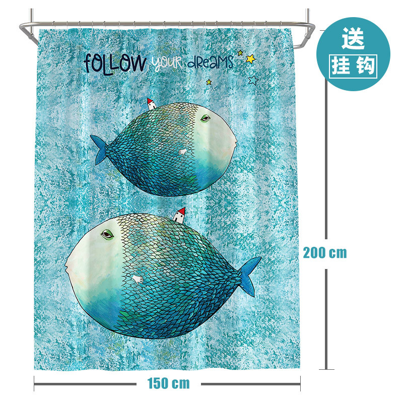 ins北欧浴帘浴室防水布淋浴房隔断挂帘加厚防霉卫生间套装免打孔_3 默认尺寸 大鱼小房子浴帘宽150高200cm送钩