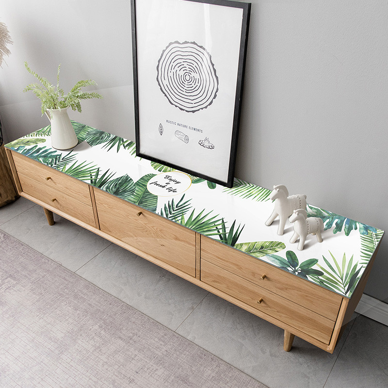 北欧电视柜桌布长方形长条防尘罩垫子茶几台面保护垫防水防油免洗 定制联系客服 白底绿植电视柜软玻璃