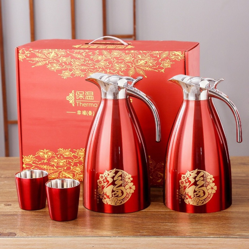 祝寿送礼家用红色双层不锈钢暖壶暖瓶喜气热水壶保温壶保温瓶定制_3 1对（福如东海+两杯）201