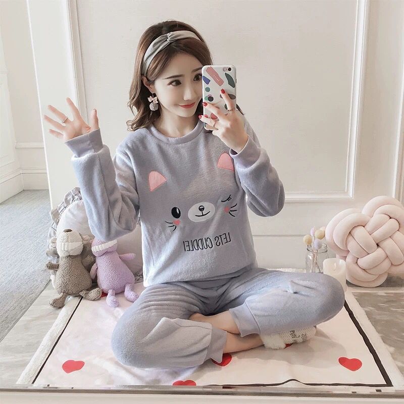 睡衣女冬加厚珊瑚绒保暖法兰绒睡衣女士加大码可爱甜美家居服套装_468 2XL 笑脸猫【灰色】