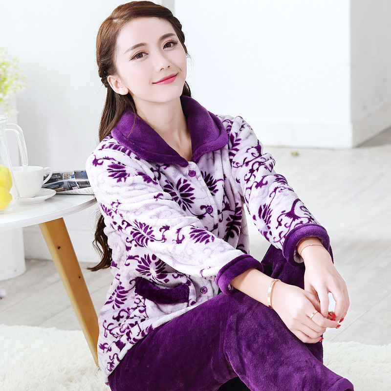 秋冬睡衣女珊瑚绒加厚女士法兰绒套装长袖大码中老年冬天家居服_2_723 XL（121~135斤） 紫色图腾