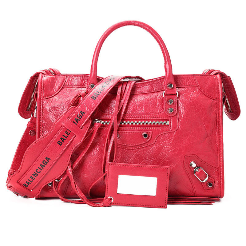 BALENCIAGA/巴黎世家 女包City银色铆钉羊皮小号手拎斜挎机车包 431621 正红色