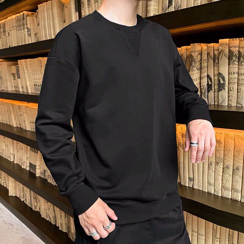 秋冬加绒加厚卫衣男士长袖韩版修身青少年圆领套头上衣潮流打底衫_145 M 718黑色