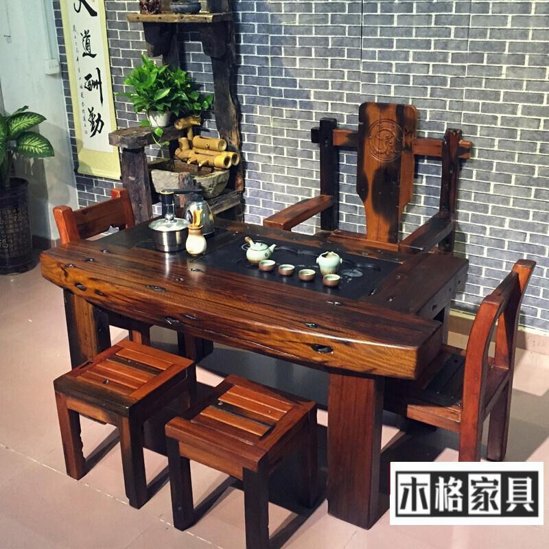 苏宁放心购老船木实木茶桌椅组合功夫泡茶台船木新料仿古茶几中式现代简约家用阳台小户型茶几整 单桌：正方形60*60*70(需定做)