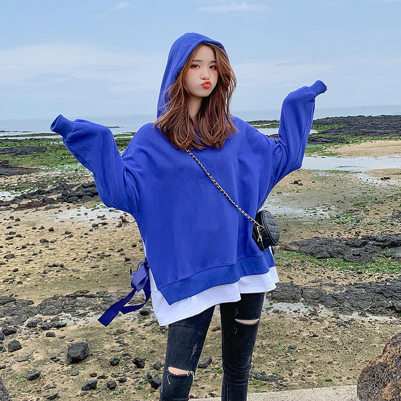 跨馬KYMA【连帽可选】【加绒可选】卫衣女2020春季新款韩版宽松长袖慵懒风外套女潮流 蓝色连帽加绒 M