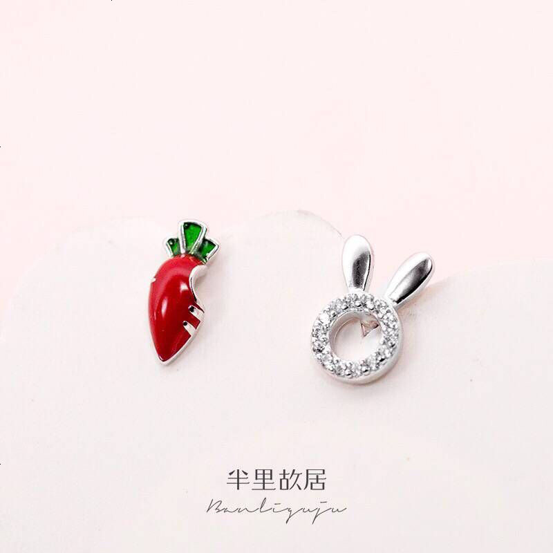 S925银针耳钉女韩版卡通滴油不对称小耳环睡觉不用摘的防过敏耳饰 D28爱吃萝卜
